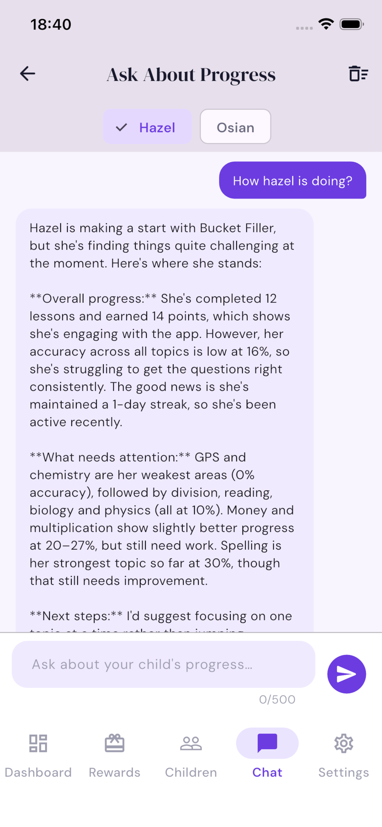 AI assistant screen where parent asks how their child is doing and gets a detailed progress summary