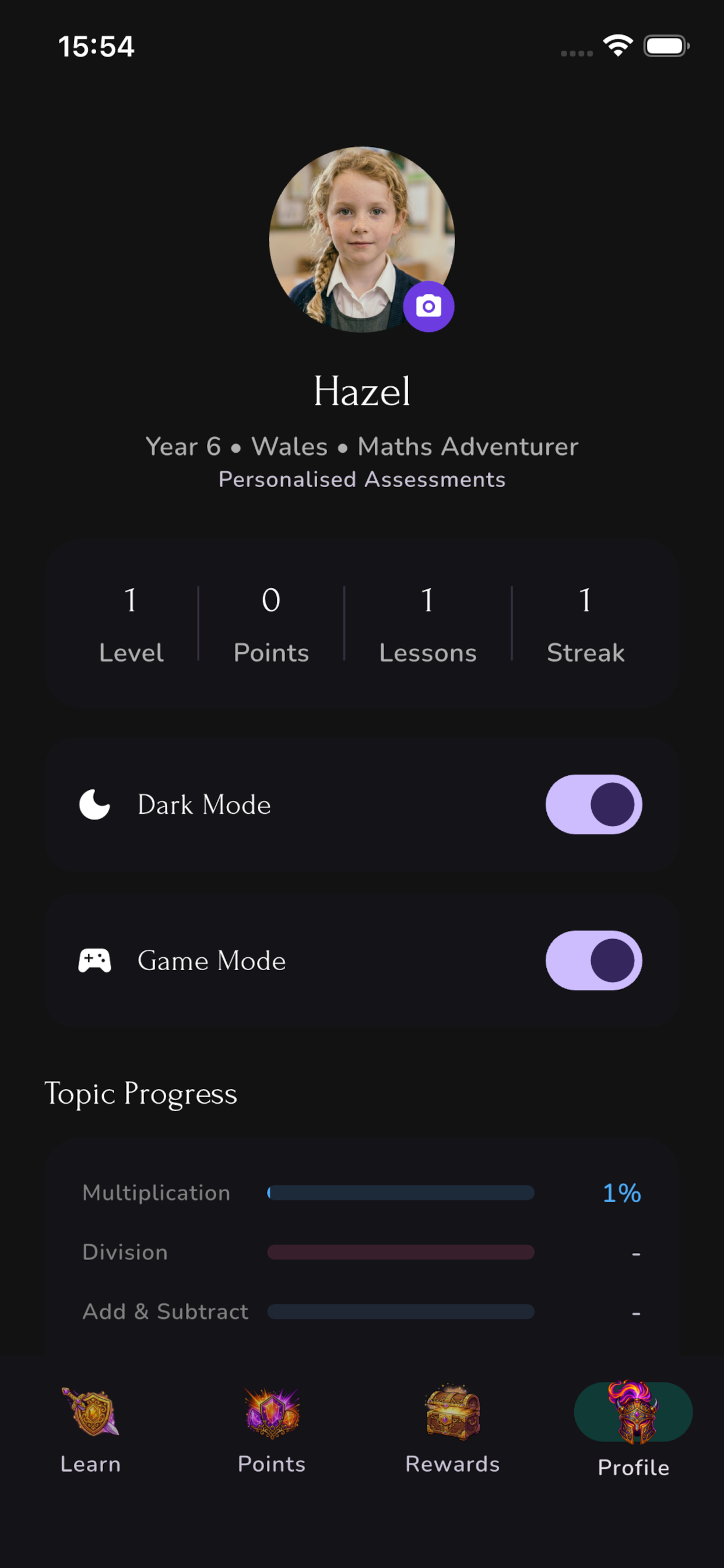 Child profile showing level, points, streak and per-topic progress bars