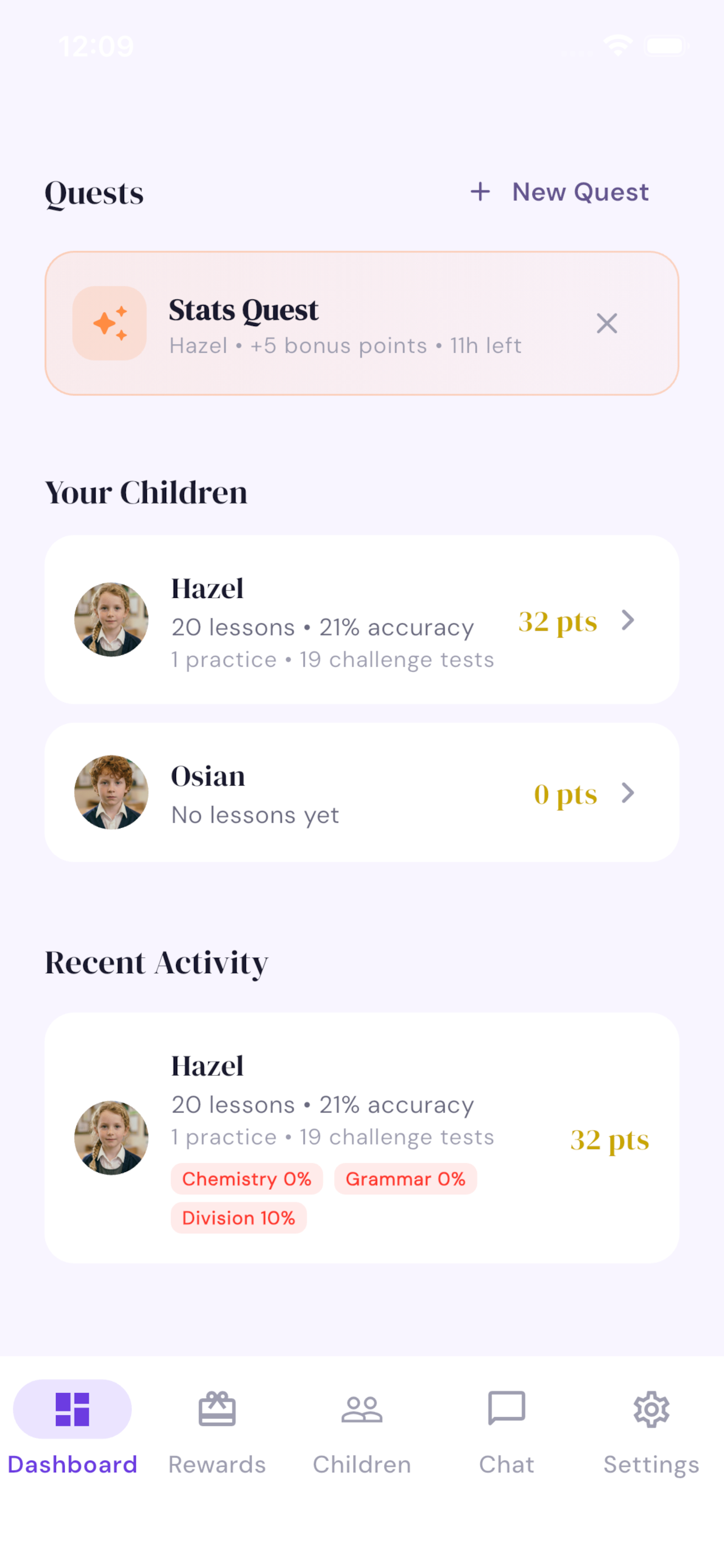 Parent view showing both children's lessons, accuracy and recent activity