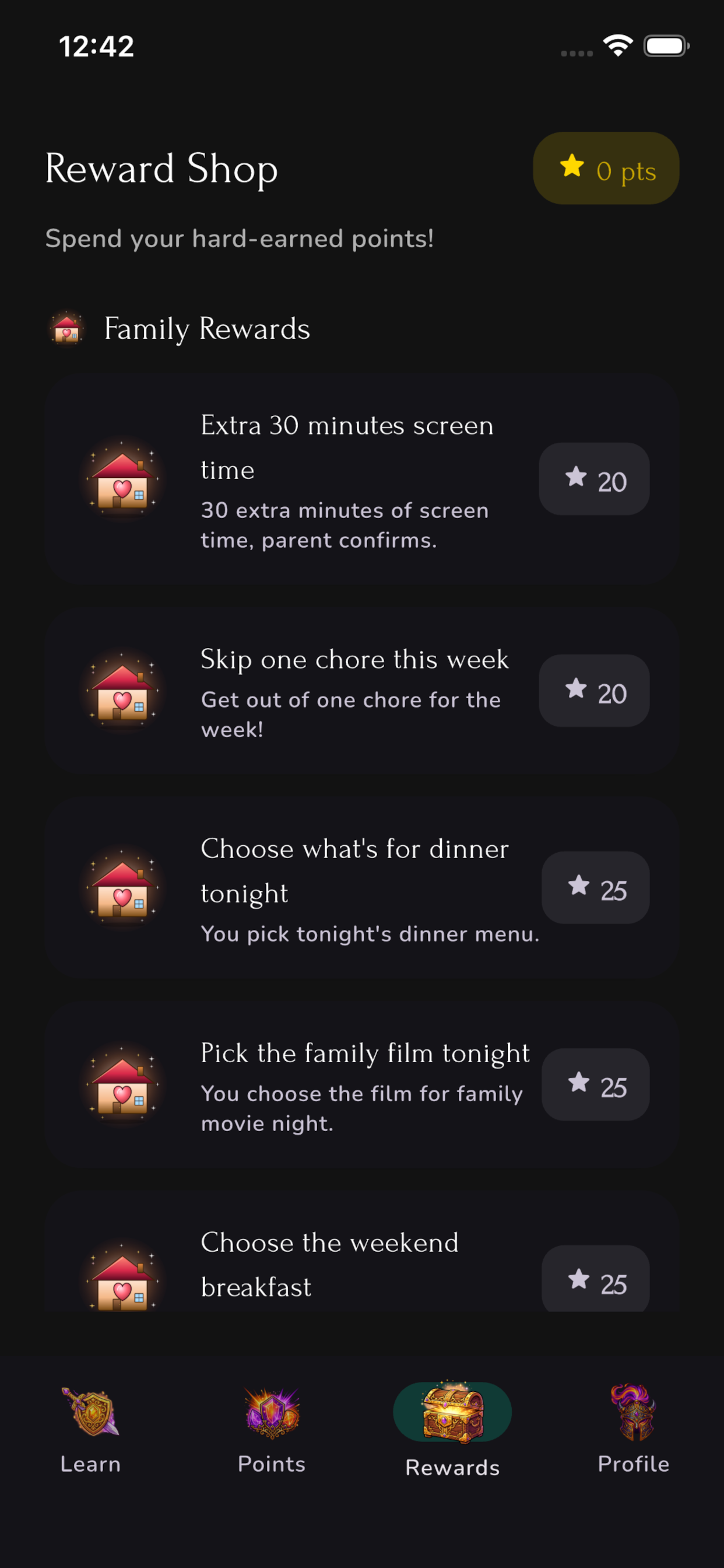 Bucket Filler reward shop showing family rewards like screen time and dinner choice