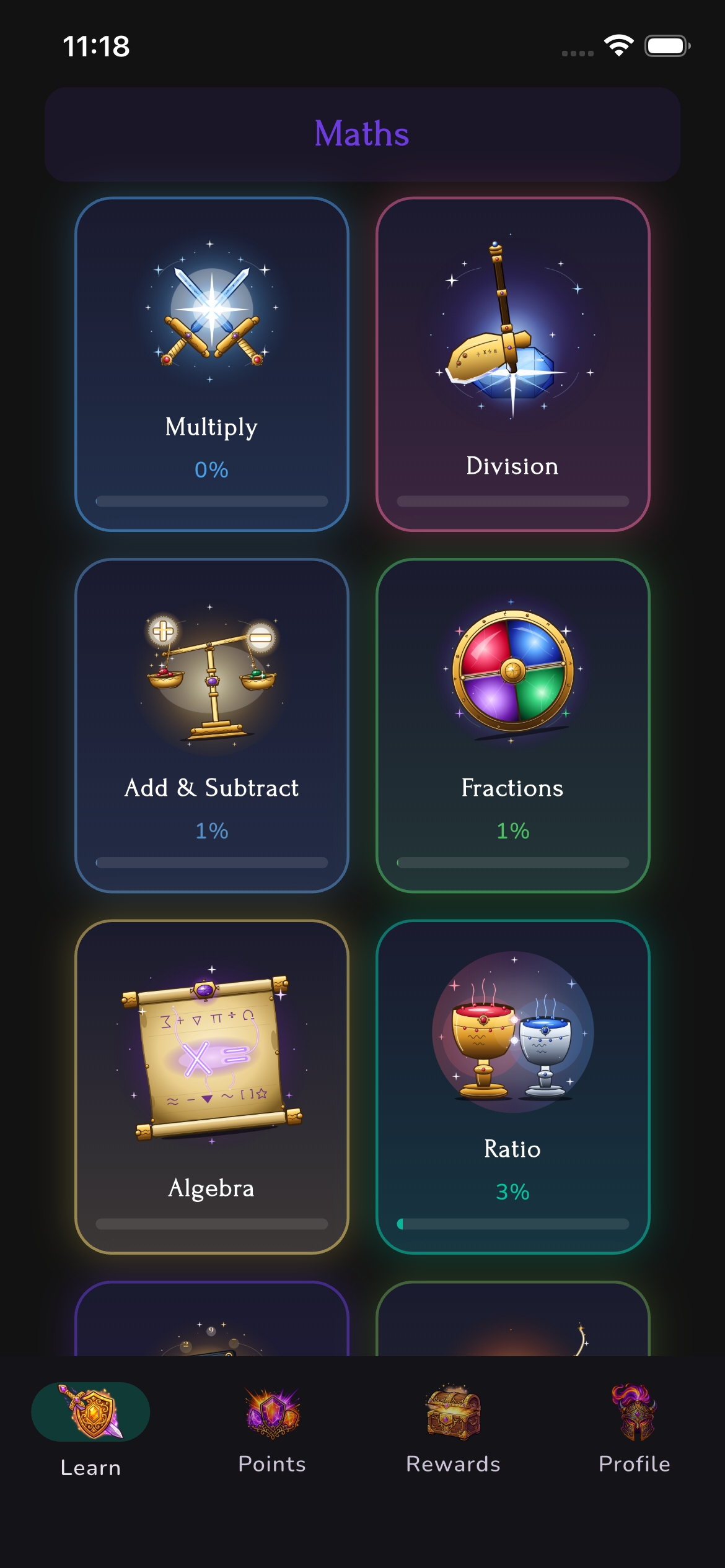 Bucket Filler game mode: maths topic grid
