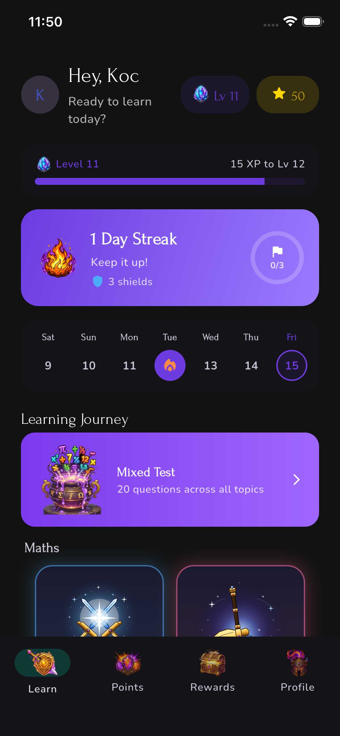 Bucket Filler home screen showing streak and learning journey