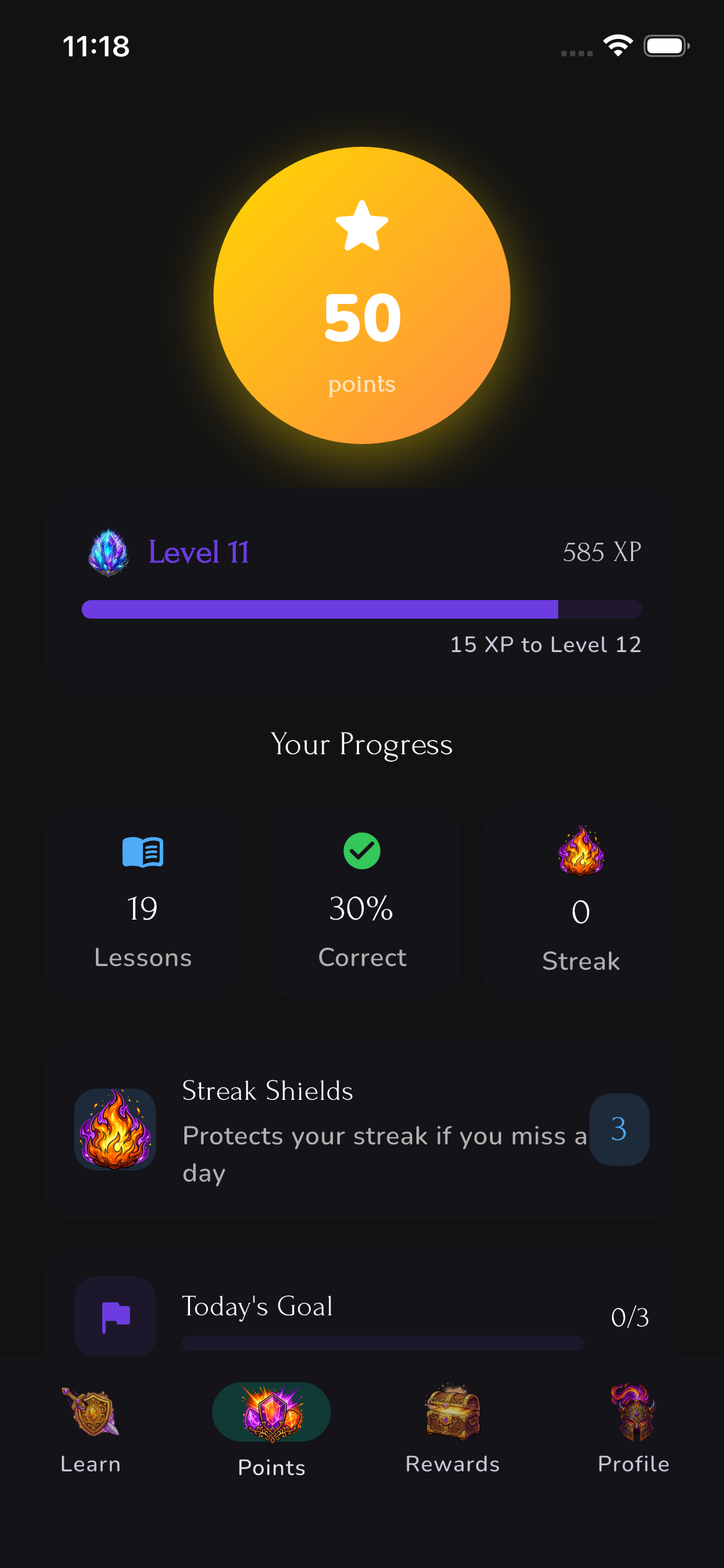 Bucket Filler points screen showing 50 points and progress stats