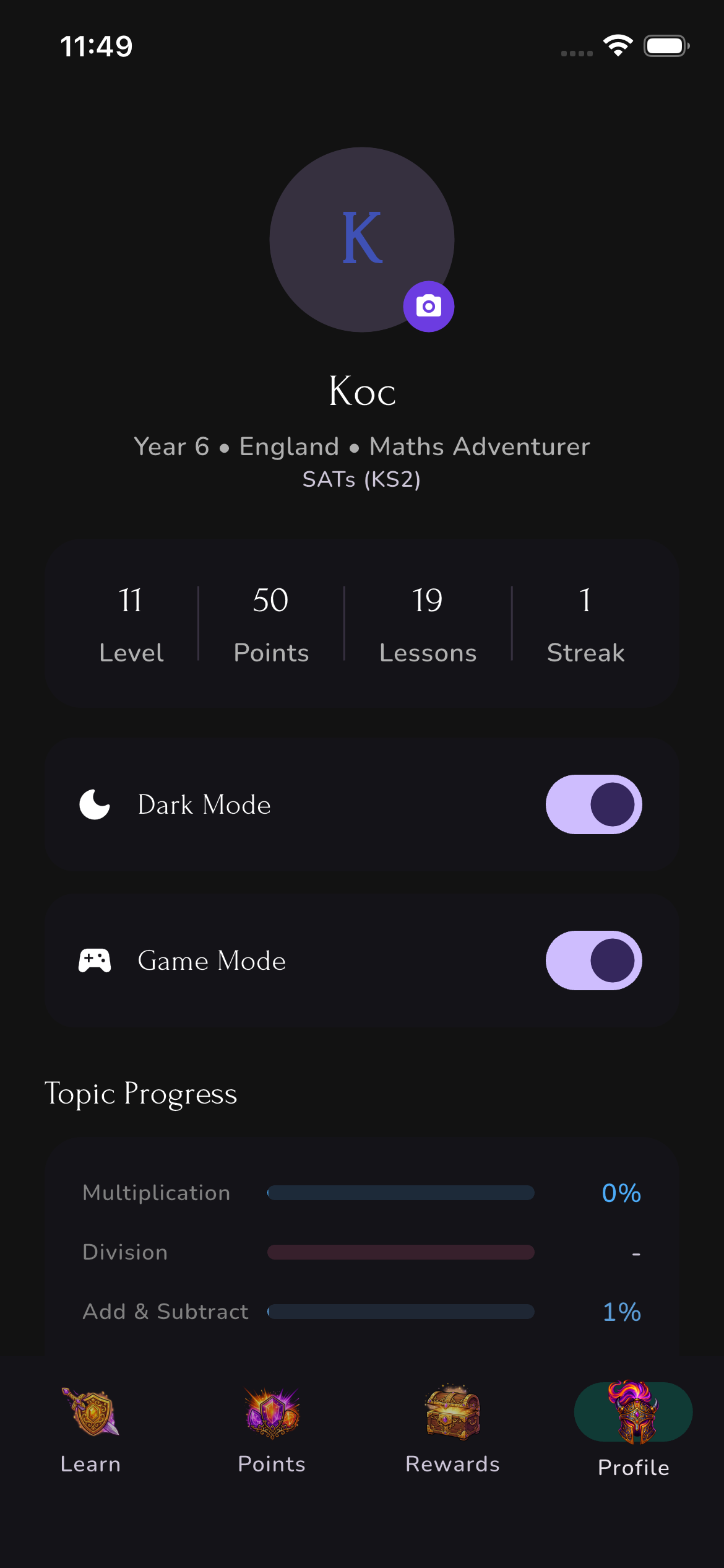 Child profile screen showing level, points, lessons and topic progress